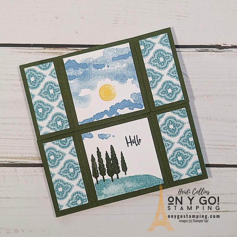 Fun fold card design: the never-ending card. This sample card uses the Hills of Tuscany stamp set with the Poetic Expressions patterned paper from Stampin' Up! See how the card opens again and again in the video tutorial.