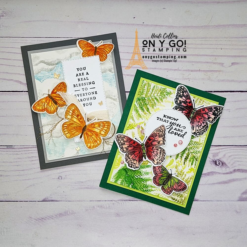 See how to do the no line watercoloring technique and watercoloring on dry-embossed images. Sample card designs use the Butterfly Brilliance stamp set from Stampin' Up!