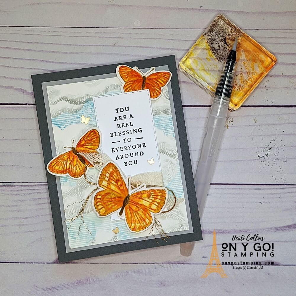 Beautiful handmade card using the no-line watercoloring technique and watercoloring on dry-embossed images. This sample card design uses the Butterfly Brilliance stamp set from Stampin' Up!®