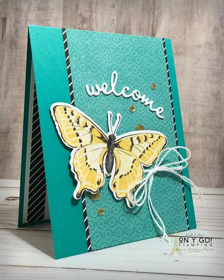 Create this beautiful card with the Butterfly Brilliance Collection without using any rubber stamps. Instead this card uses the Butterfly Bijou and True Love patterned papers and the Brilliant Wings dies.