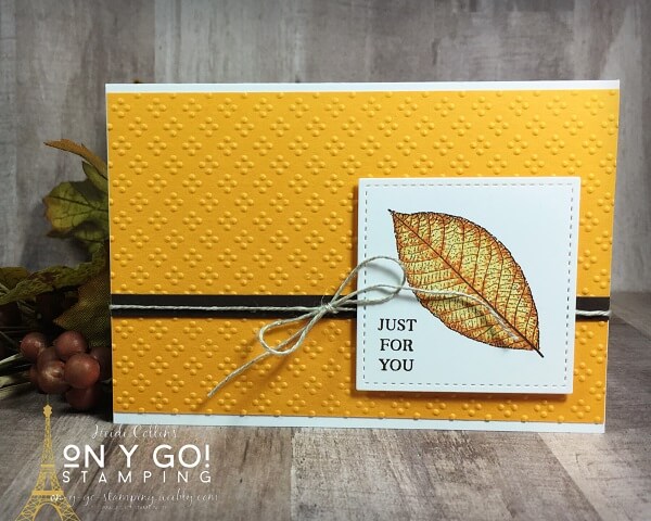 Simple card design idea using the Rooted in Nature stamp set and a coloring technique called pointillism on a note card.