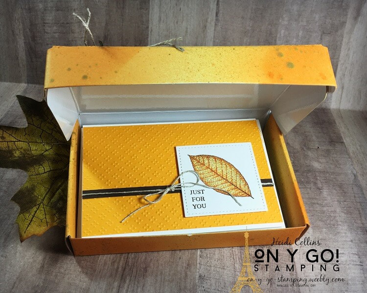 This gift card box using a Mini Paper Pumpkin box is perfect for a set of note cards using pointillism to color the rubber stamped images. Card making ideas using the Rooted in Nature and Forever Fern stamp sets from Stampin' Up!