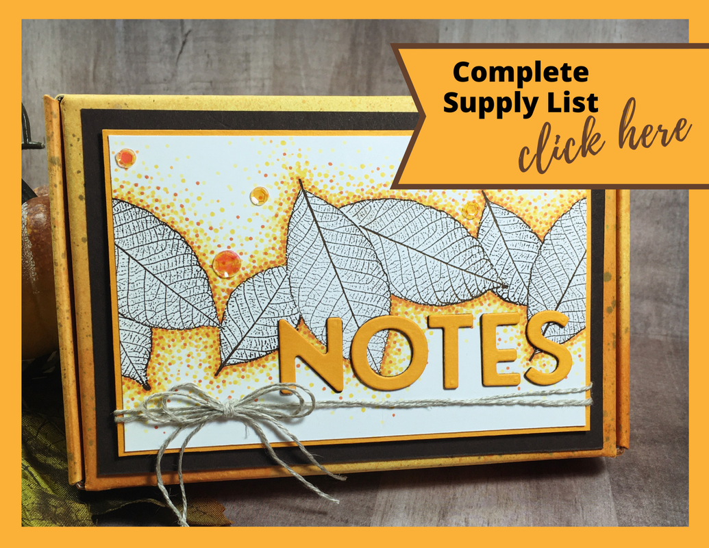 Complete supply list for a mini Paper Pumpkin gift box filled with handmade note cards using the Rooted in Nature and Forever Fern stamp sets from Stampin' Up! The rubber stamped images are colored using a pointillism card making technique.