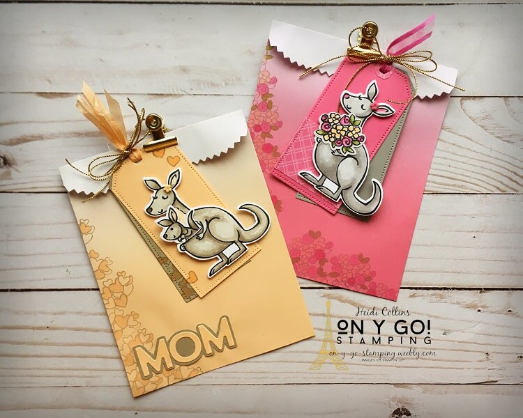Cute little treat bags made with the NEW ombre gift bags from Stampin' Up! These are perfect favors for bridal showers and baby showers with the Kangaroo and Company stamp set in Pale Papaya and Polished Pink.