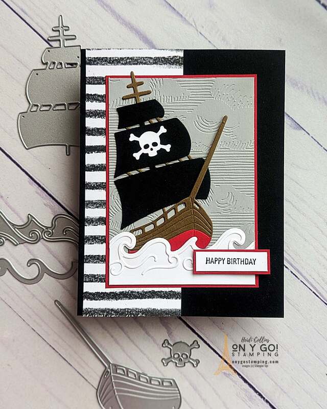 Ahoy, me hearties! Don't be scurvy and throw your daggers away, as we've got a real swashbuckling good time coming! The On the Ocean stamp set from Stampin' Up! is perfect for any card-sending buccaneer, featuring a meticulously detailed pirate ship sailing across the ocean waves. Whether you're sending your best mate a Birthday greeting or just reaching out to a special person in your life, handmade card made with this stamp set is sure to have your little boy grinning from ear-to-ear!