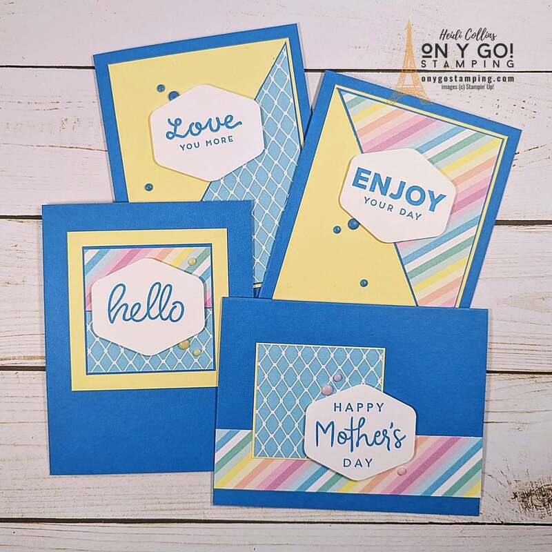 Create 4 handmade cards from one piece of patterned paper with this One Sheet Wonder idea. Lots of sample card designs using the Lighter Than Air and Sunny Days patterned papers. Change out the sentiment to create a card for any occasion!