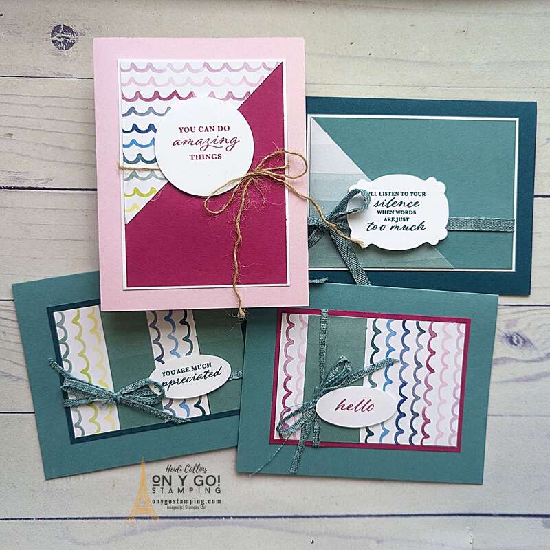 Create four cards quickly with an easy one sheet wonder. These sample cards use the Bright and Beautiful DSP with the Wonderful Thoughts stamp set from Stampin' Up!