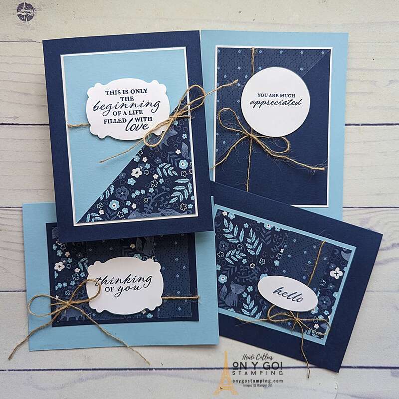 Create four cards quickly with an easy one sheet wonder. These sample cards use the Countryside Inn DSP with the Wonderful Thoughts stamp set from Stampin' Up!