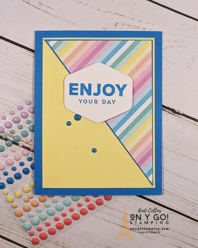 Use a One Sheet Wonder pattern to create a stack of handmade cards quickly. This card uses the Lighter Than Air patterned paper and the Heartfelt Hellos stamp set.