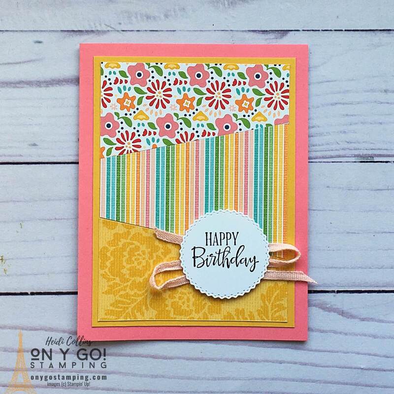 Spring birthday card idea using the Pattern Party pattern paper and Garden Greenhouse stamp set from Stampin' Up! See more card samples, cutting dimensions, and supply lists.
