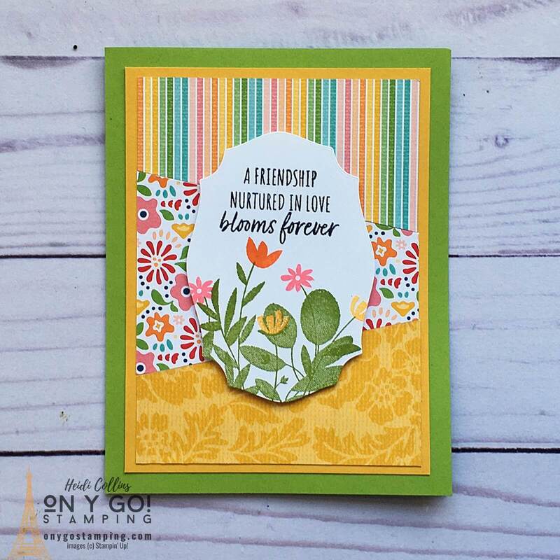 Create really quick handmade cards with patterned paper like the Pattern Party paper from Stampin' Up! See how to make this card on my website.