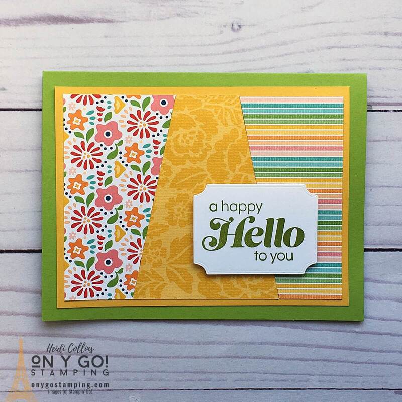 Use the Pattern Party patterned paper to create quick and easy cards. This card also uses the Sunny Sentiments stamp set from Stampin' Up! See more sample card designs, supply lists, and cutting dimensions.
