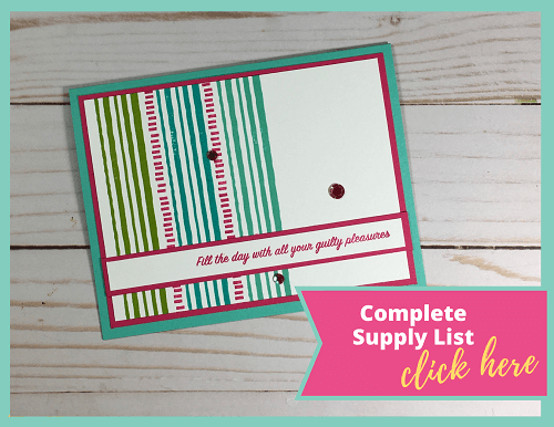 Supply list for an easy birthday card making idea using the Pattern Play stamp set from Stampin' Up! with the Stamparatus and stamps, ink, and paper.