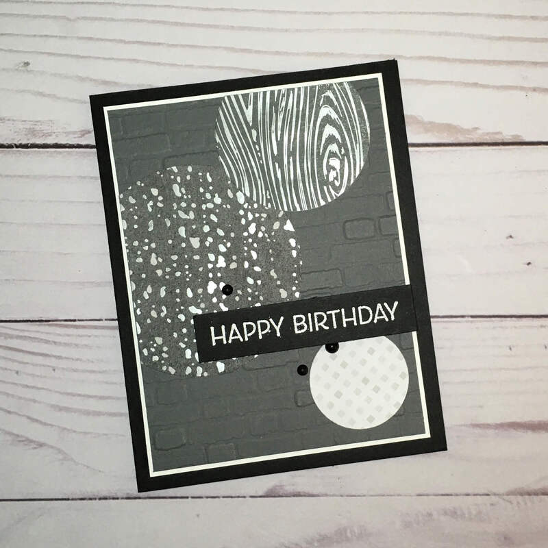 DIY Birthday card idea for men or anyone. This fun birthday card design uses the Peaceful Place patterned paper in gray, white, and black.