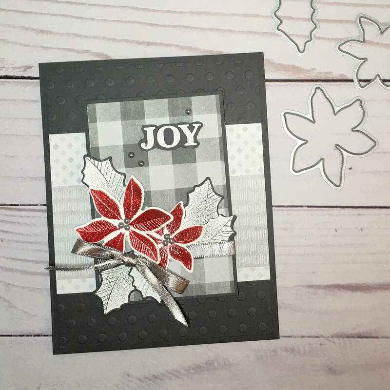 Create a beautiful handmade holiday card with the Peaceful Place patterned paper and Merriest Moments stamp set. The bright red pops on the gray and white backdrop.