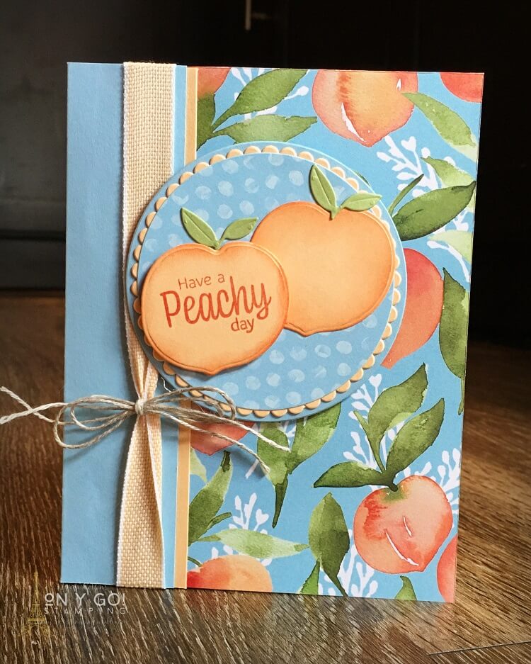 Simple all-purpose summer card to send to someone to brighten their day. The beautiful peach patterned paper makes a lovely background for two die-cut peaches. 