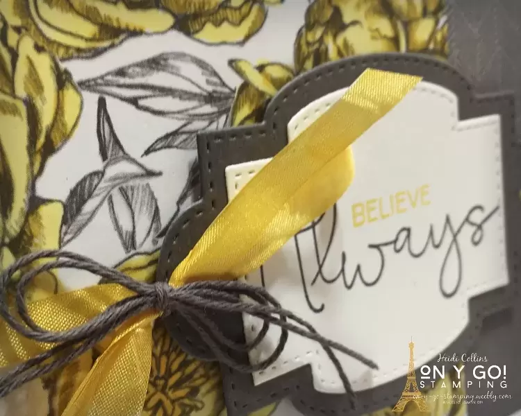 The 2021 Pantone colors of the year are a basic gray and bright yellow. This beautiful card idea uses these colors with the Peony Garden patterned paper and Field of Flowers stamp set from Stampin' Up!