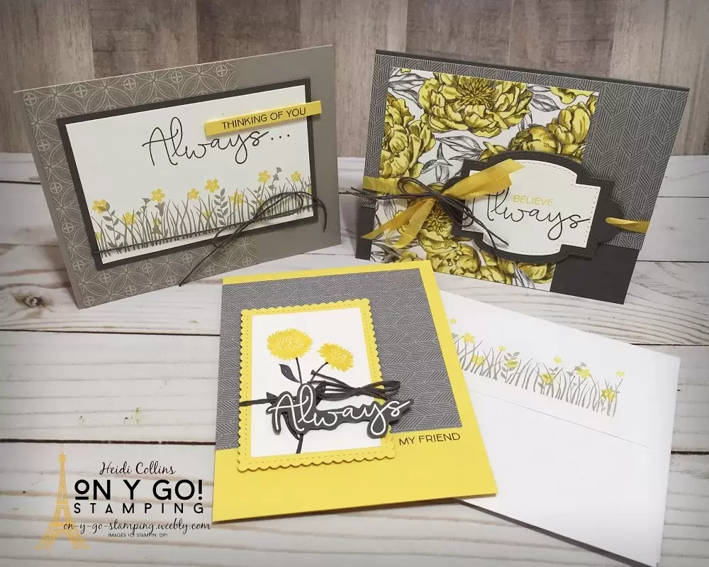 3 Beautiful card ideas using the Peony Garden patterned paper and Field of Flowers stamp set from Stampin' Up! The beautiful gray and yellow of these cards is close to the 2021 Pantone Colors of the Year.