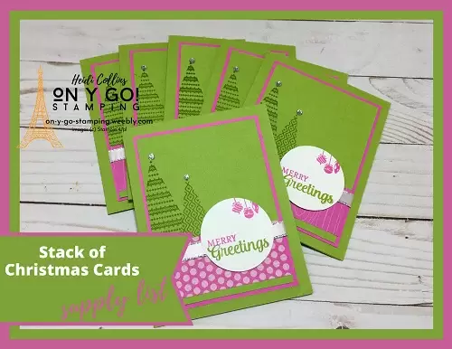 Supply list for some bright pink and green Christmas card ideas using the Tree Angle stamp set from Stampin' Up!