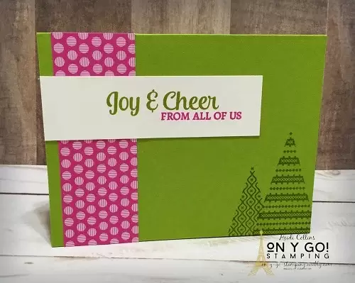 Simple stamping Christmas card with the Tree Angle stamp set in pink and green. 
