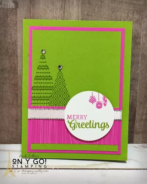 Sample card design for a pink and green holiday card with the Tree angle stamp set from Stampin' Up! Plus 5 tips for making a stack of cards quickly using the Stamparatus.
