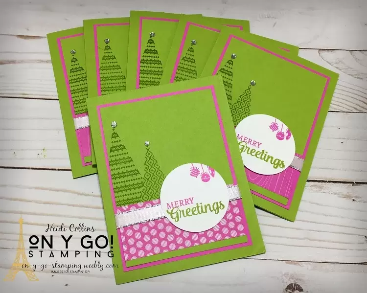 5 tips for mass producing holiday cards with a sample card design using the Tree Angle stamp set in pink and green.