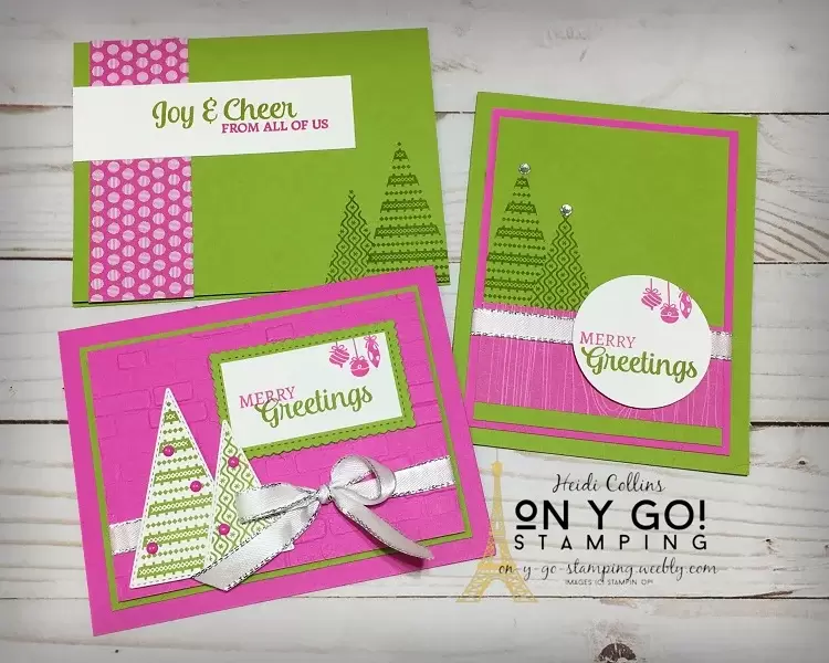 From simple stamping to chic to oh la la! three Christmas Card Making ideas using the Tree Angle stamp set in Magenta Madness and Granny Apple Green.