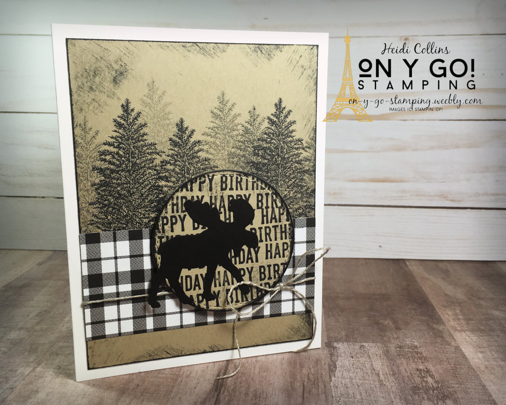 Masculine birthday card idea using the Merry Moose stamp set and the Plaid Tidings patterned paper from Stampin' Up! The moose is punched from Basic Black cardstock using the moose punch. The black, white, and tan color combination results in a contemporary country card. 