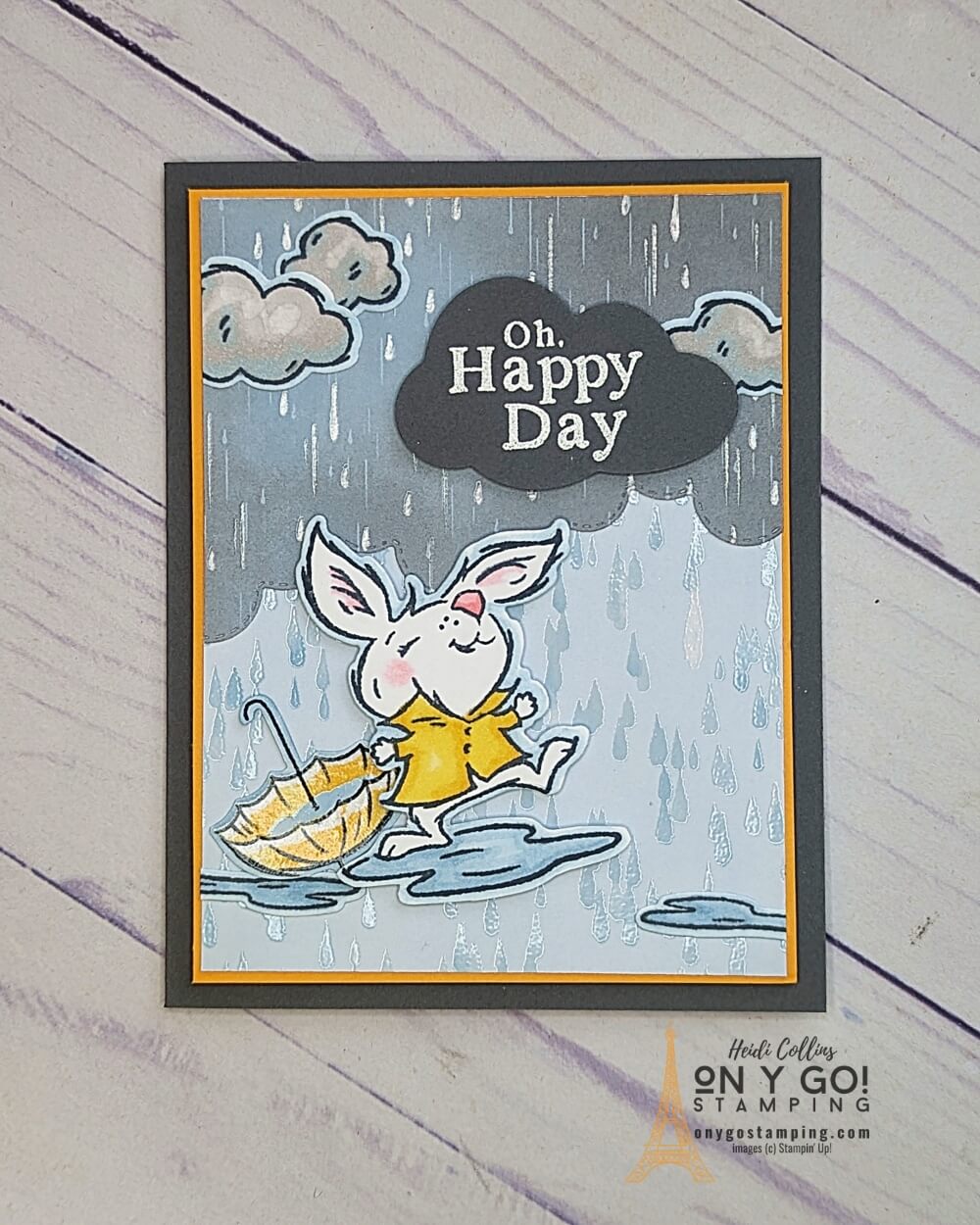 When the sky turns gray and the clouds start to pour, it's time to bring out the Playing in the Rain stamp set from Stampin' Up! Accompanied by the cheerful Rain or Shine patterned paper, your handmade cards will be perfect for uplifting your friends and family during the wetter days!
