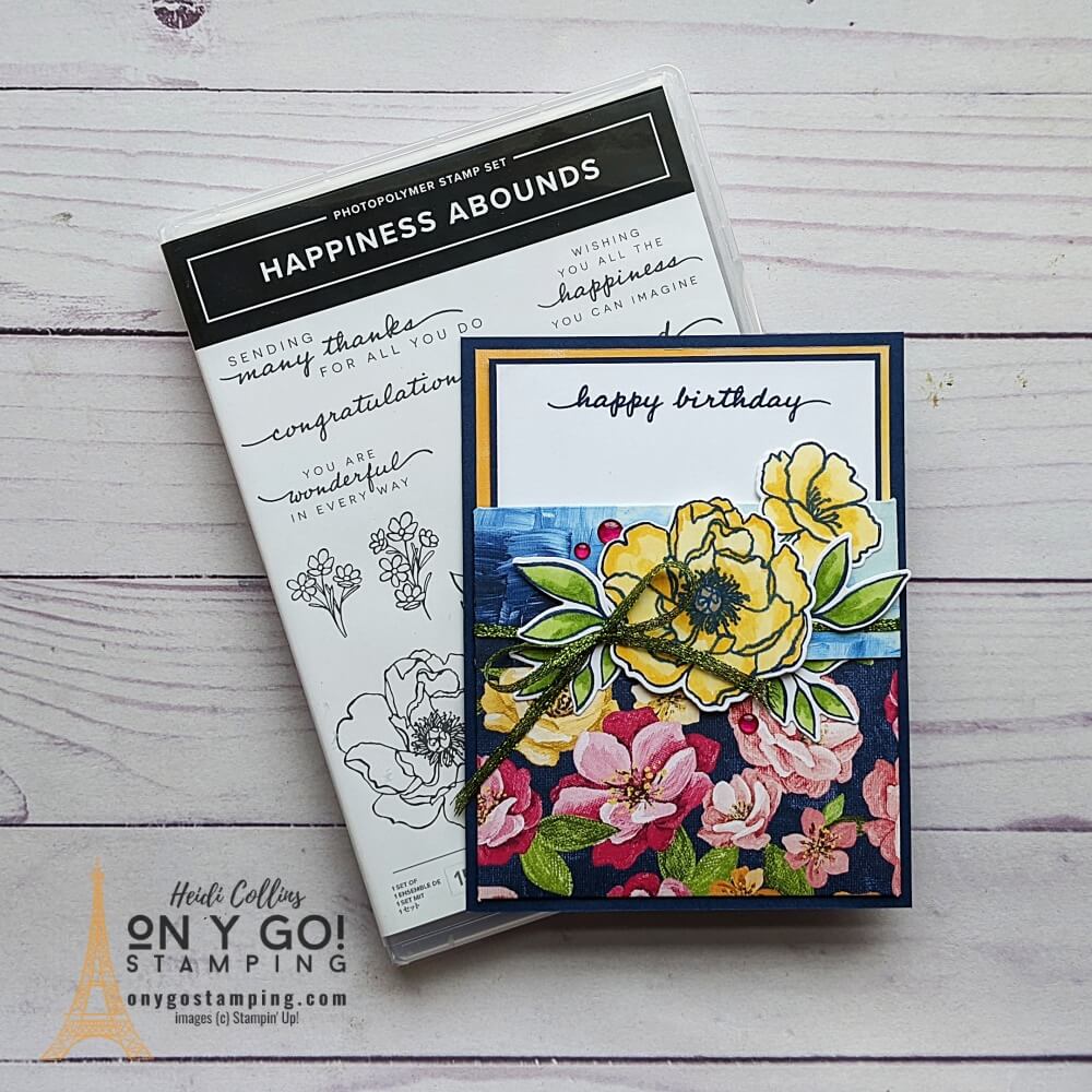 The Hues of Happiness patterned paper is perfect for creating a pocket card. Get the free downloadable quick reference guide for this fun fold card.