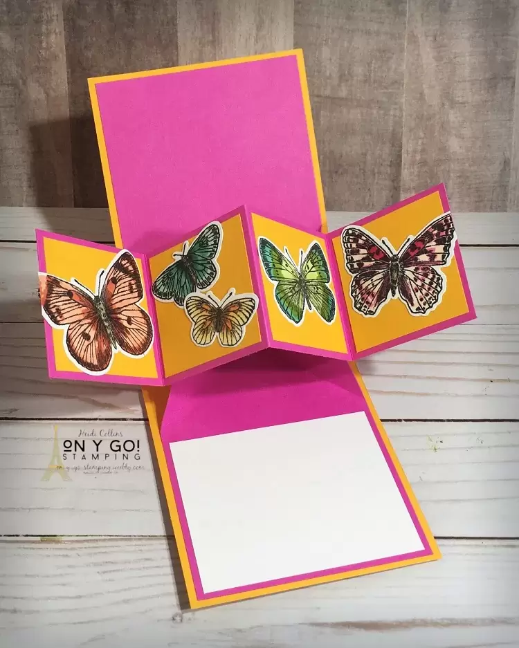 Inside of a Pop and Twist Fun Fold Card using the Butterfly Brilliance stamp set from Stampin' Up! This fun fold card design is bursting with butterflies that pop out when you open the card.