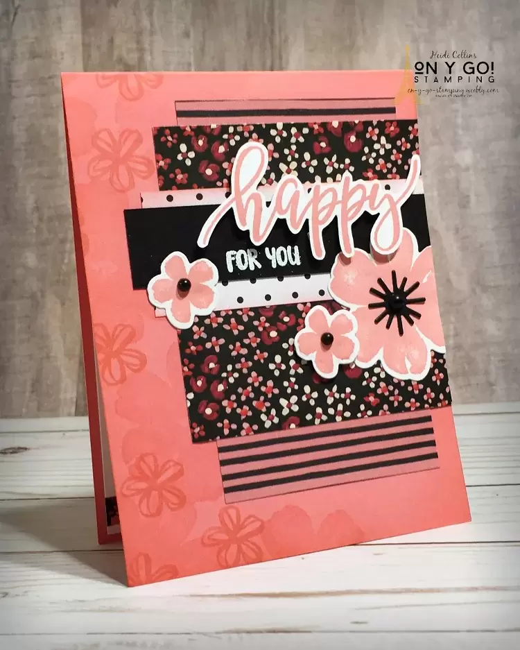 Floral card design with the Pretty Perennial stamp set and Flower and Field and True Love patterned paper in Flirty Flamingo. 