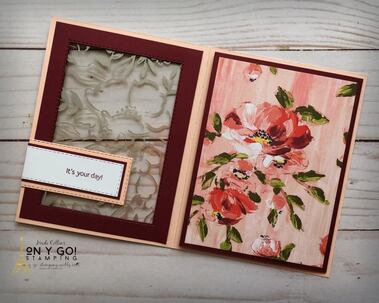 Beautiful wedding card idea with the Fine Art Floral patterned paper from Stampin' Up! This fun fold card has a window looking through from the front card to an interior card. 