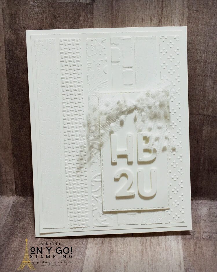 Elegant birthday card design using embossed strips of white cardstock. This beautifully simple card making idea also uses the Playful Alphabet dies.