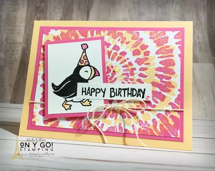 Birthday card idea using the new Polished Pink and Pale Papaya inks from Stampin' Up! Also features the Party Puffins and Spiral Dye stamp sets.