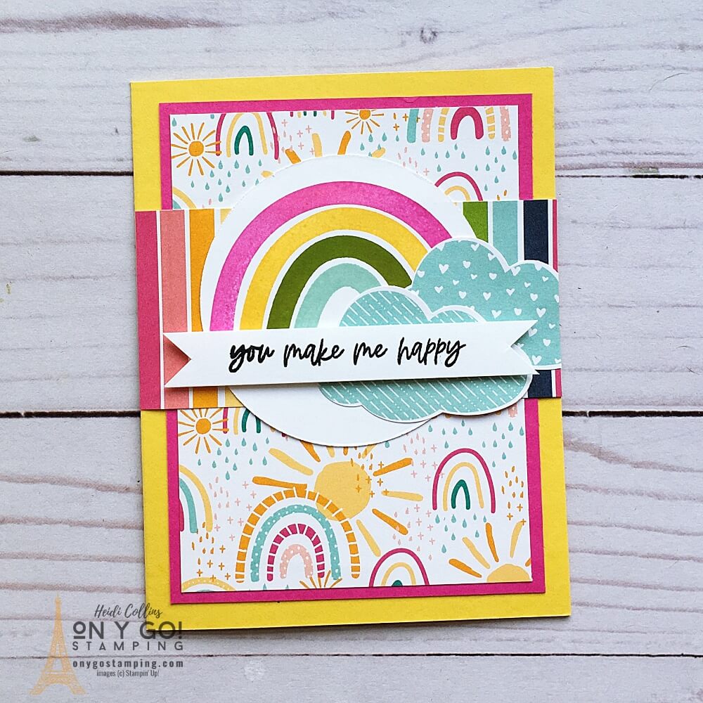 Handmade card idea using the Rainbow of Happiness stamp set and Sunshine & Rainbows Designer Series Paper. Get the patterned paper FREE during Sale-A-Bration 2022!