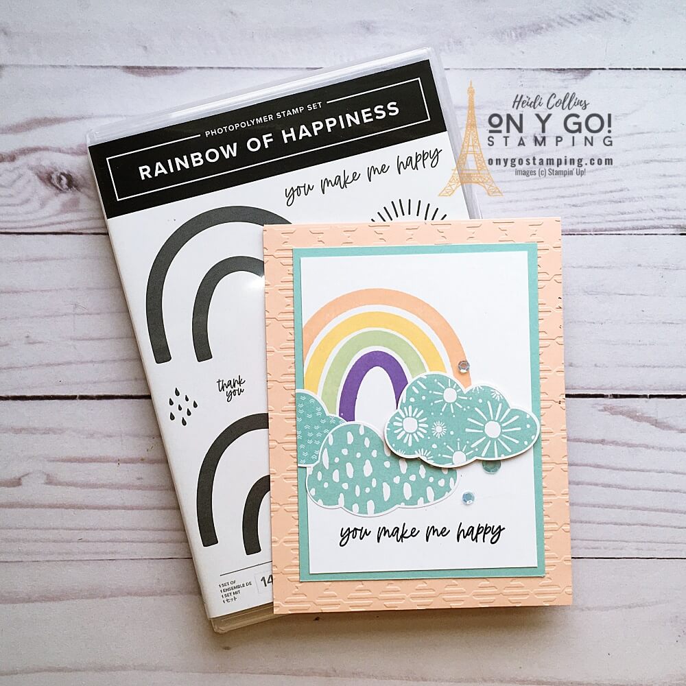 The Rainbow of Happiness stamp set from Stampin' Up! is perfect for creating bright and cheery cards or softer pastel cards like this one. See more card samples on my website.