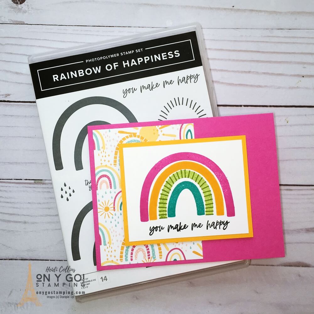Simple stamping card idea with the Rainbow of Happiness stamp set from Stampin' Up! Use the coordinating patterned paper - Sunshine & Rainbows - for a quick and easy handmade card design.