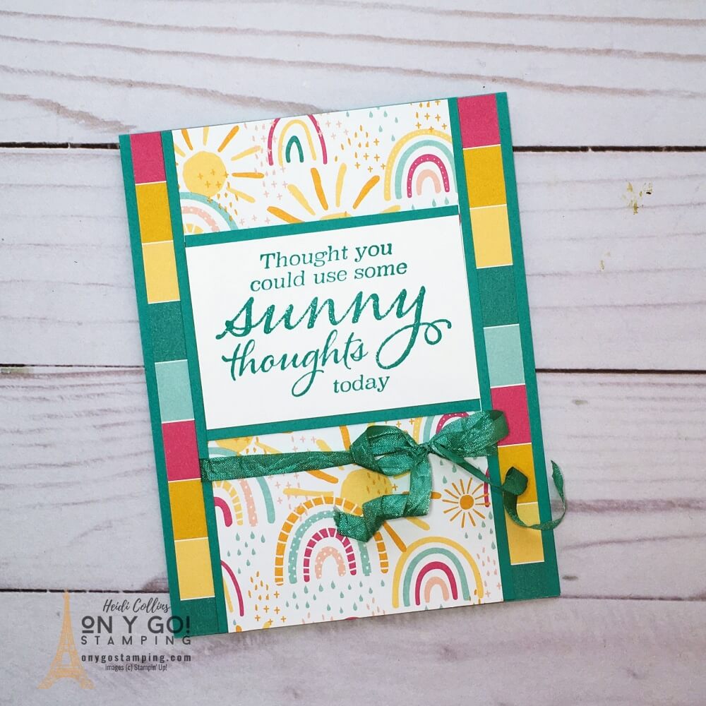 Simple stamping card idea with the Sunny Sentiments stamp set and the Sunshine & Rainbows patterned paper. Get this paper FREE during Sale-A-Bration 2022
