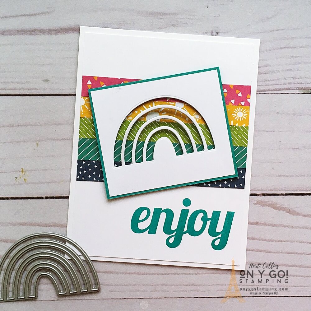 Create a quick card with the Sunshine & Rainbows patterned paper available for free during Sale-A-Bration 2022. This easy card also uses the Brilliant Rainbow dies and the new Slim Sayings stamp set.