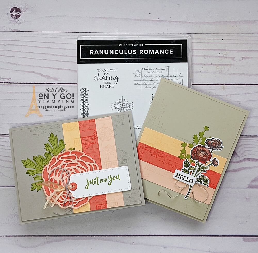Easy handmade cards using the Ranunculus stamp set and dies from Stampin' Up! These pretty floral cards are based on a simple card sketch and use Versamark ink to create a beautiful background.