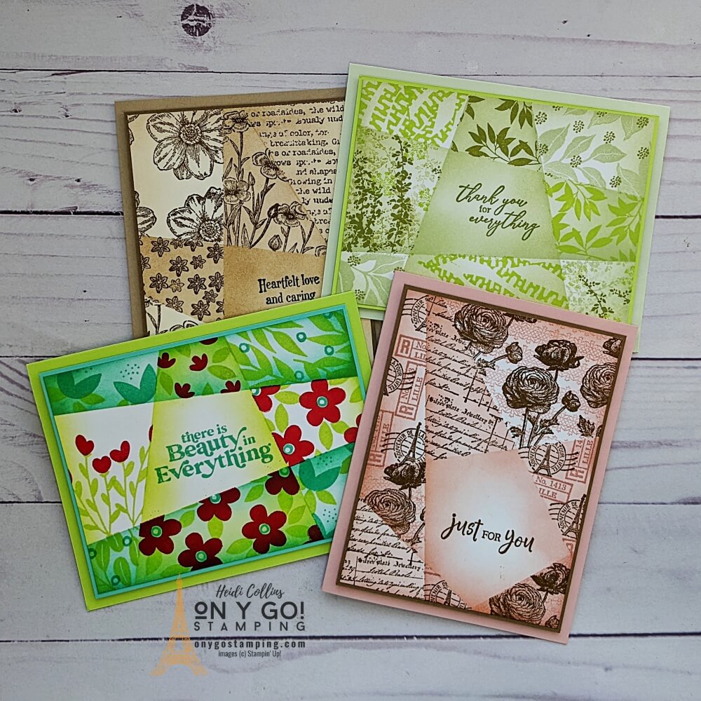 See how to do the retiform card making technique and grab your free quick-reference guide. Sample card designs use the Ranunculus Romance, Simply Fabulous, Quiet Meadow, and Botanical Layers stamp sets from Stampin' Up!