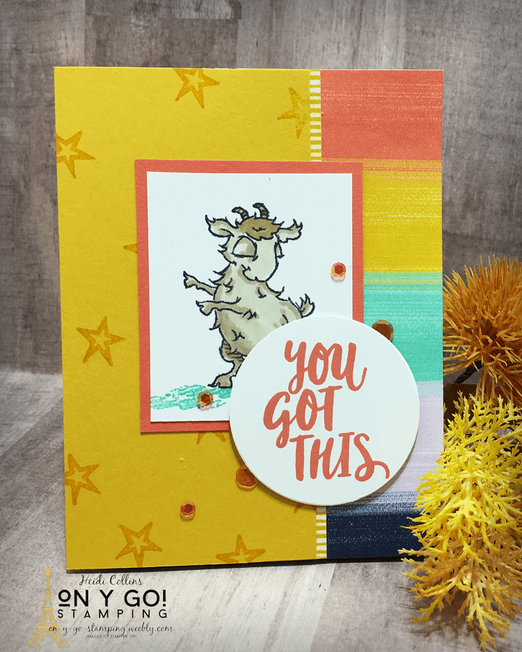 Card making idea using the Ridiculously Awesome and Way to Goat stamp sets from Stampin' Up! These stamps pair well with the Playing with Patterns patterned paper.