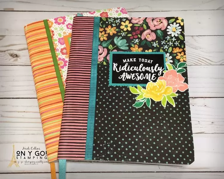 Composition notebooks covered with patterned paper from Stampin' Up! make fabulous messy bullet journals.