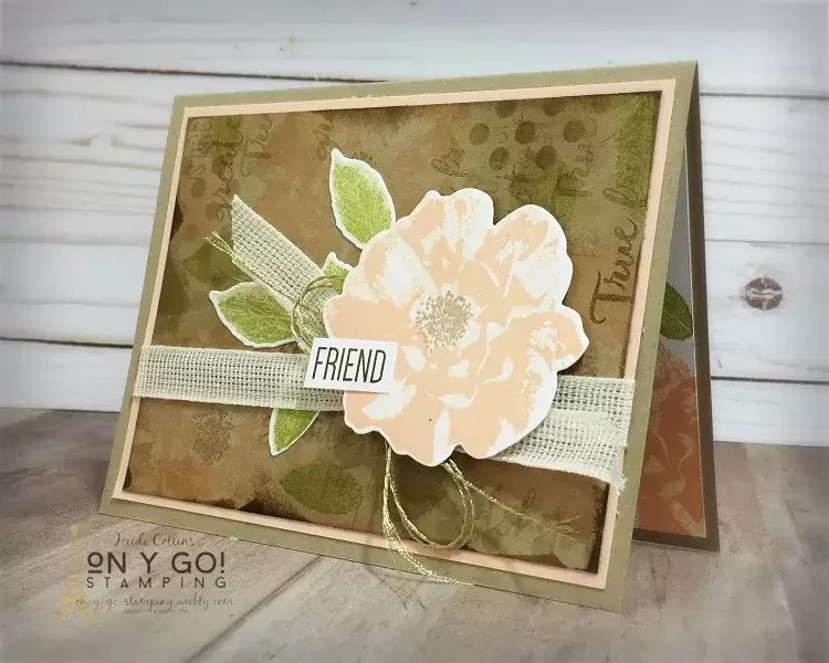 Card idea for collage stamping. This fun cardmaking technique uses layered images, like these bold roses, with stenciling and ink blending to create a grungy background. This floral card design uses the To a Wild Rose stamp set from Stampin' Up!