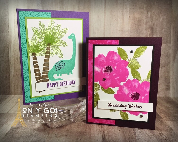 Two simple card making ideas using a card sketch. Samples feature the Dino Days and To a Wild Rose stamp sets from Stampin' Up!