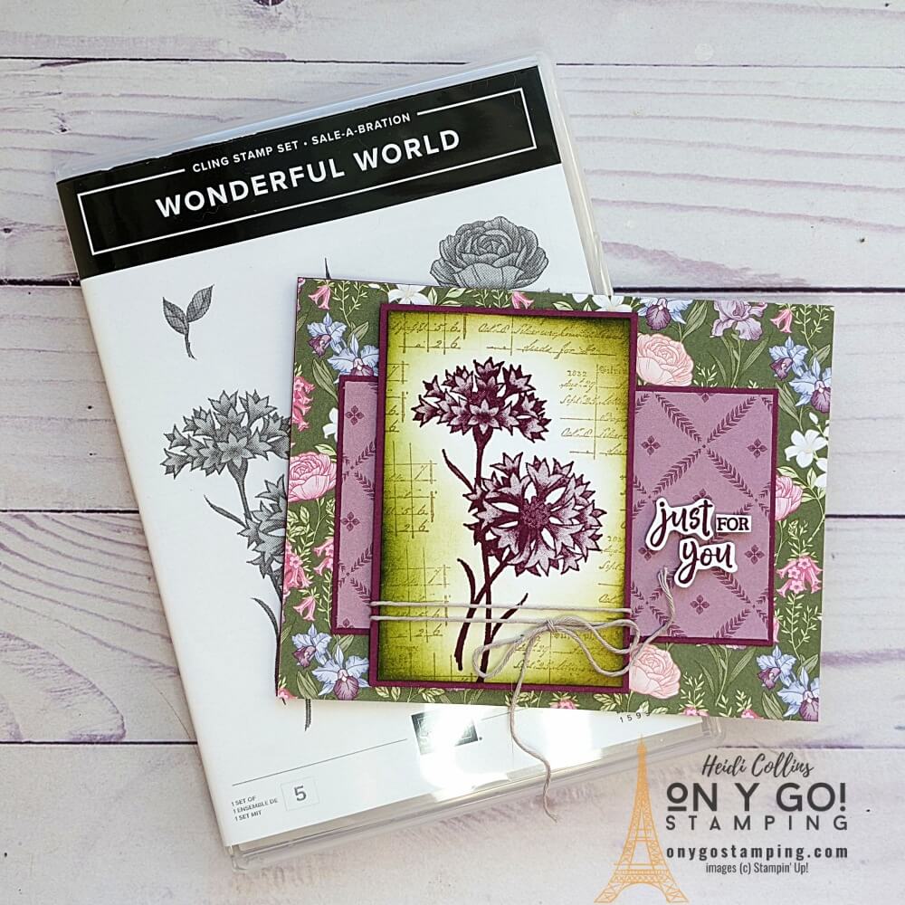 Create a beautifully elegant card using the Wonderful World stamp set and patterned paper from Stampin' Up! Click to see how to get these stamps and paper FREE during Sale-A-Bration 2022.