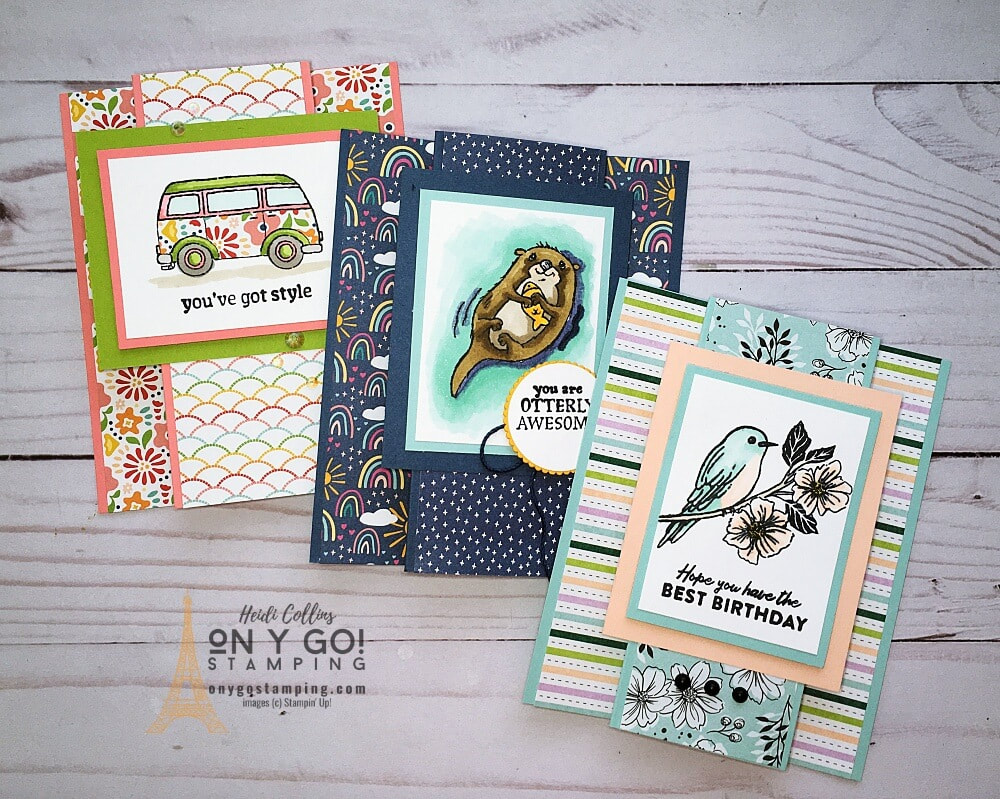 Quick and easy fun fold cards using stamps and papers from Sale-A-Bration 2022 from Stampin' Up! See cutting dimensions and supply lists.
