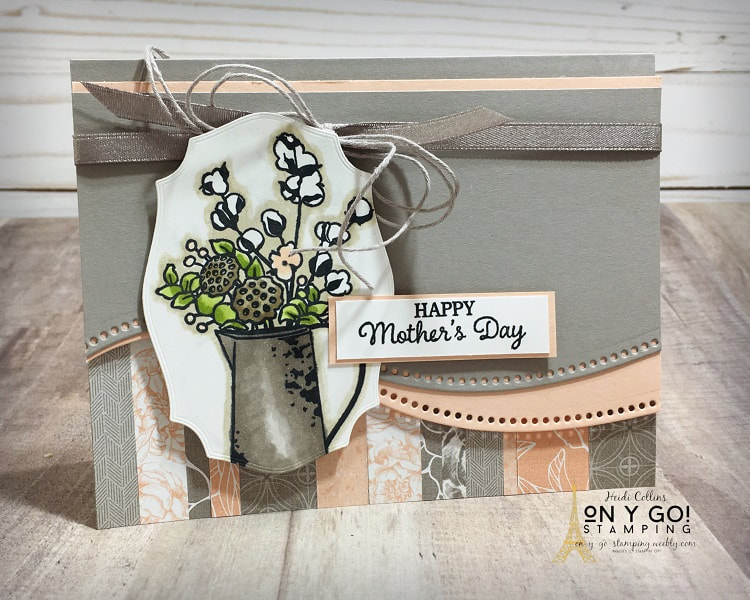 This fun handmade card uses strips of patterned paper from the Peony Garden Designer Series Paper pack with the Country Home stamp set from Stampin' Up! This is a great way to use up scraps of patterned paper!