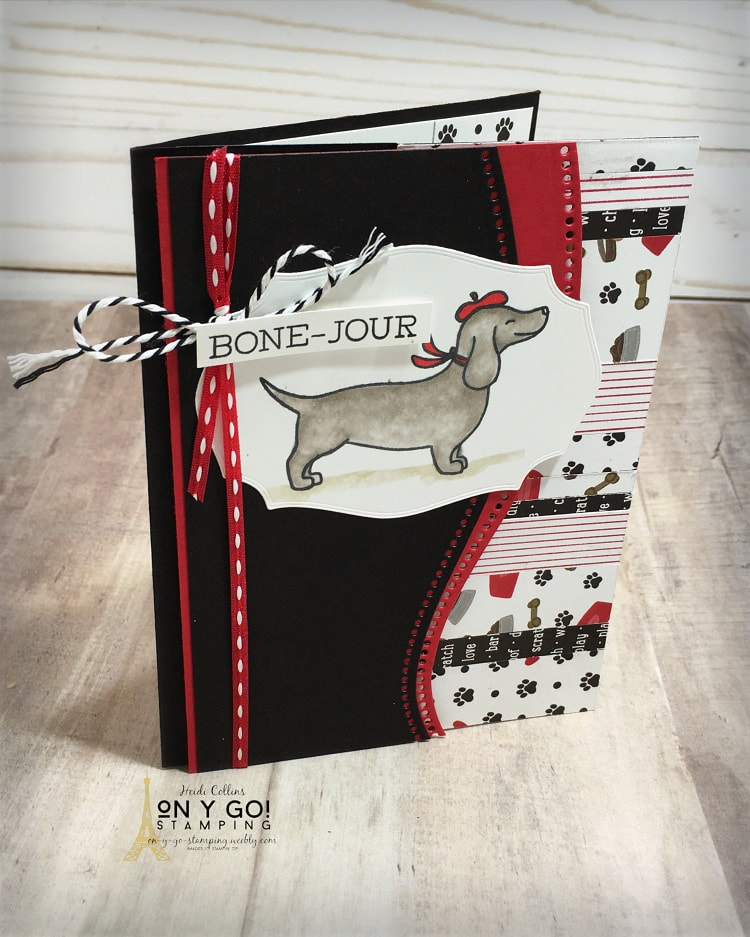French Dachshund bone-jour card using scraps of patterned paper. Fun scrapbooking paper - Playful Pets - from Stampin' Up!